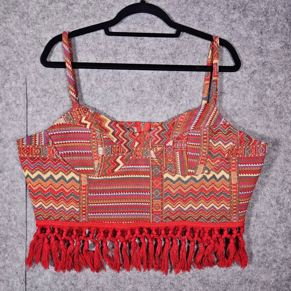 Womens Red Woven Tapestry Tassel Bustier‎ Crop Top Boho Western Festival READ